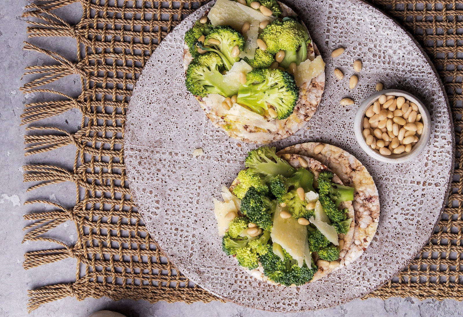 Broccoli, Parmesan, Pine Nuts & Extra Olive Oil on WHOLE GRAIN THINS Sorghum slices for dinner