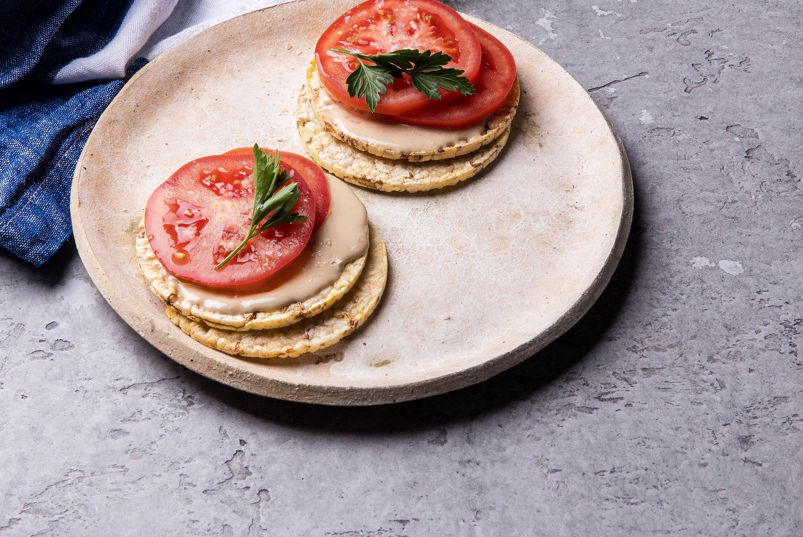 Tomato & Tahini on CORN THINS slices for lunch
