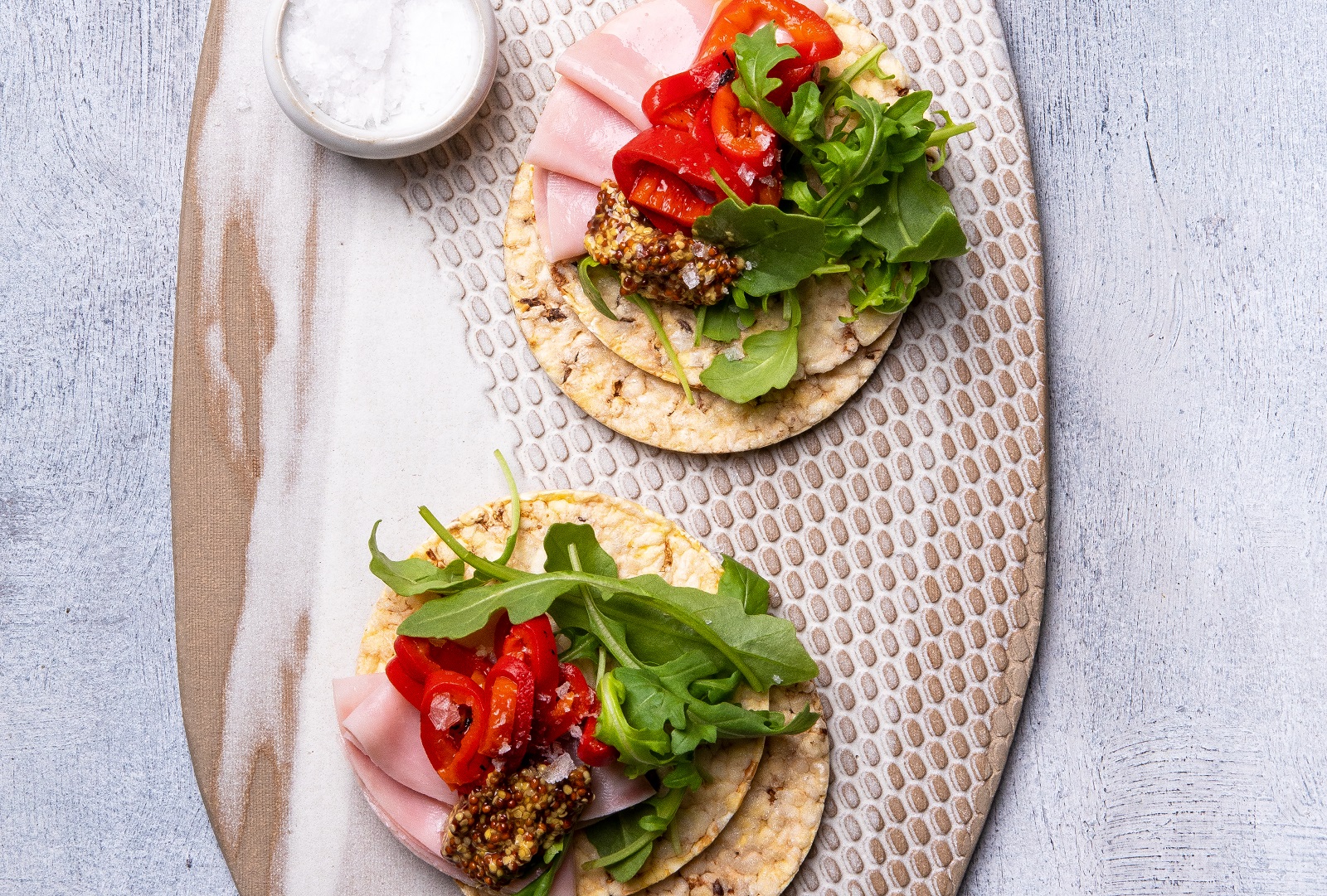 Ham, Charred Capsicum, Rocket & Mustard on Corn Thins slices for lunch