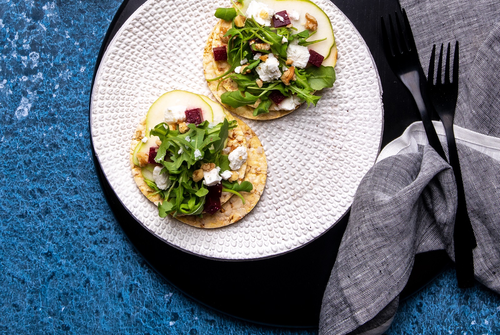 Pear, Beetroot, Persian Feta, Walnuts & Rocket on Corn Thins slices. Vegetarian