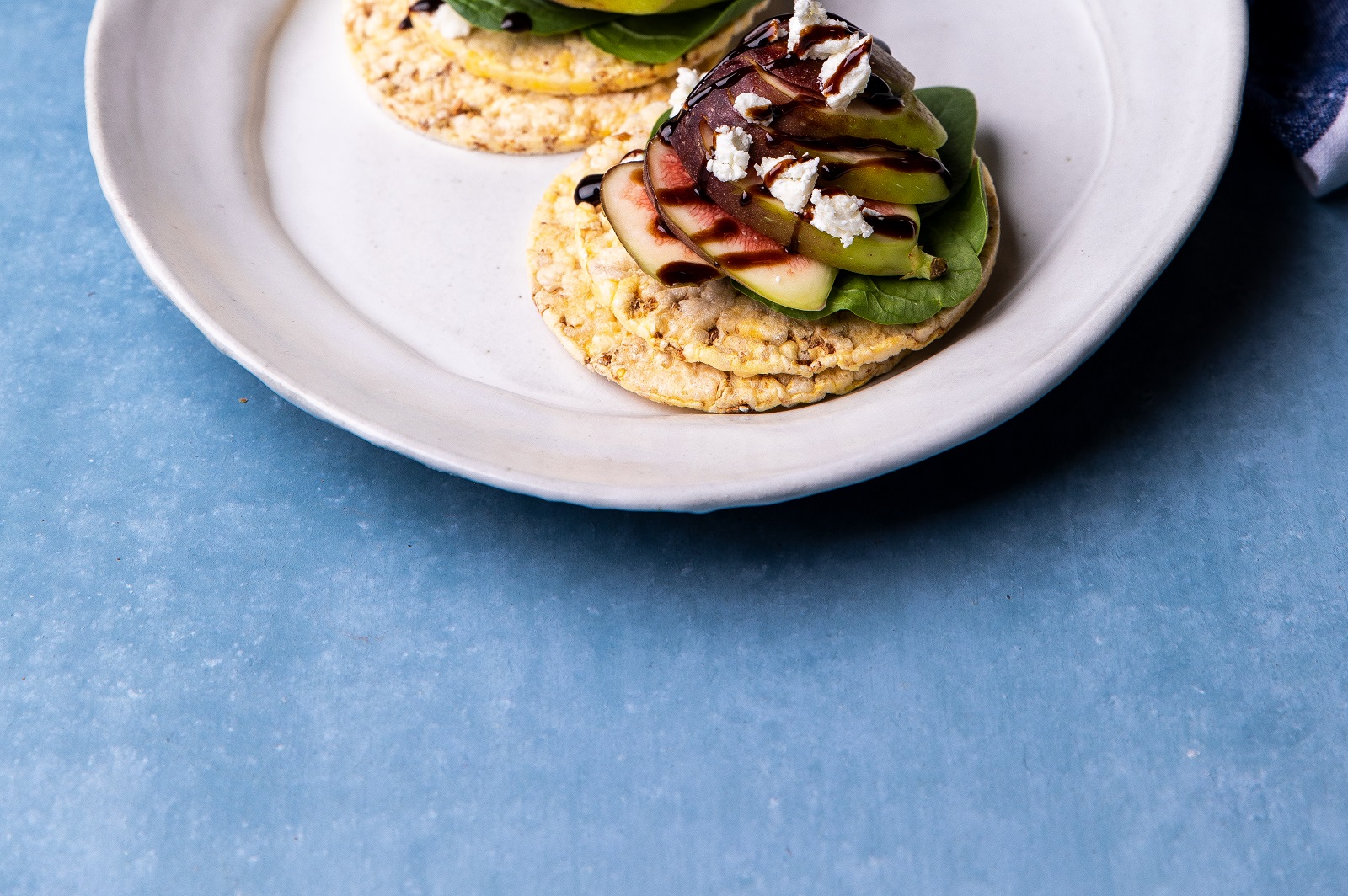 Baby Spinach, Fig, Goats Curd & Balsamic Glaze on CORN THINS slices