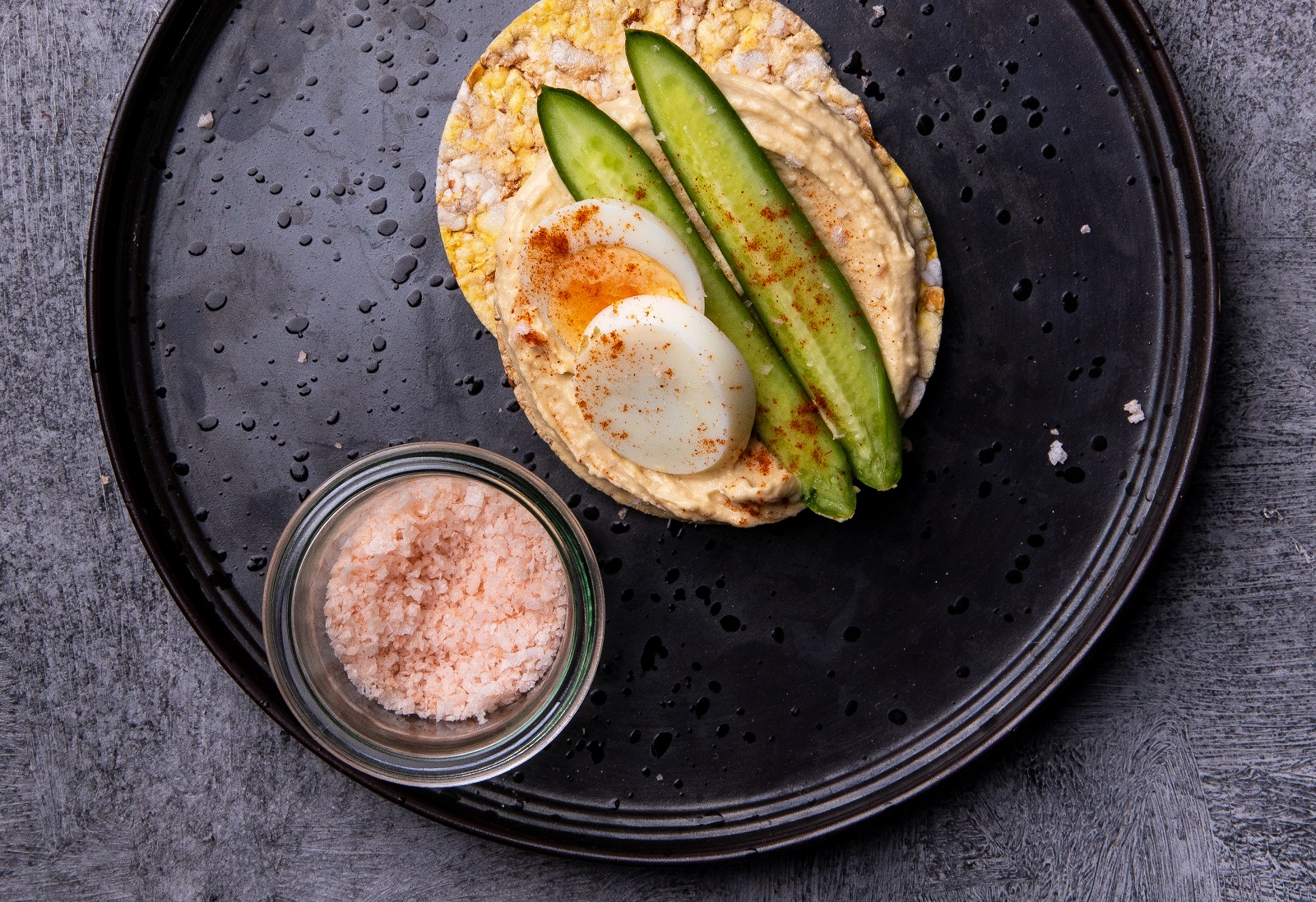 Hommus, Baby Cucumber & Boiled Egg on CORN THINS slices