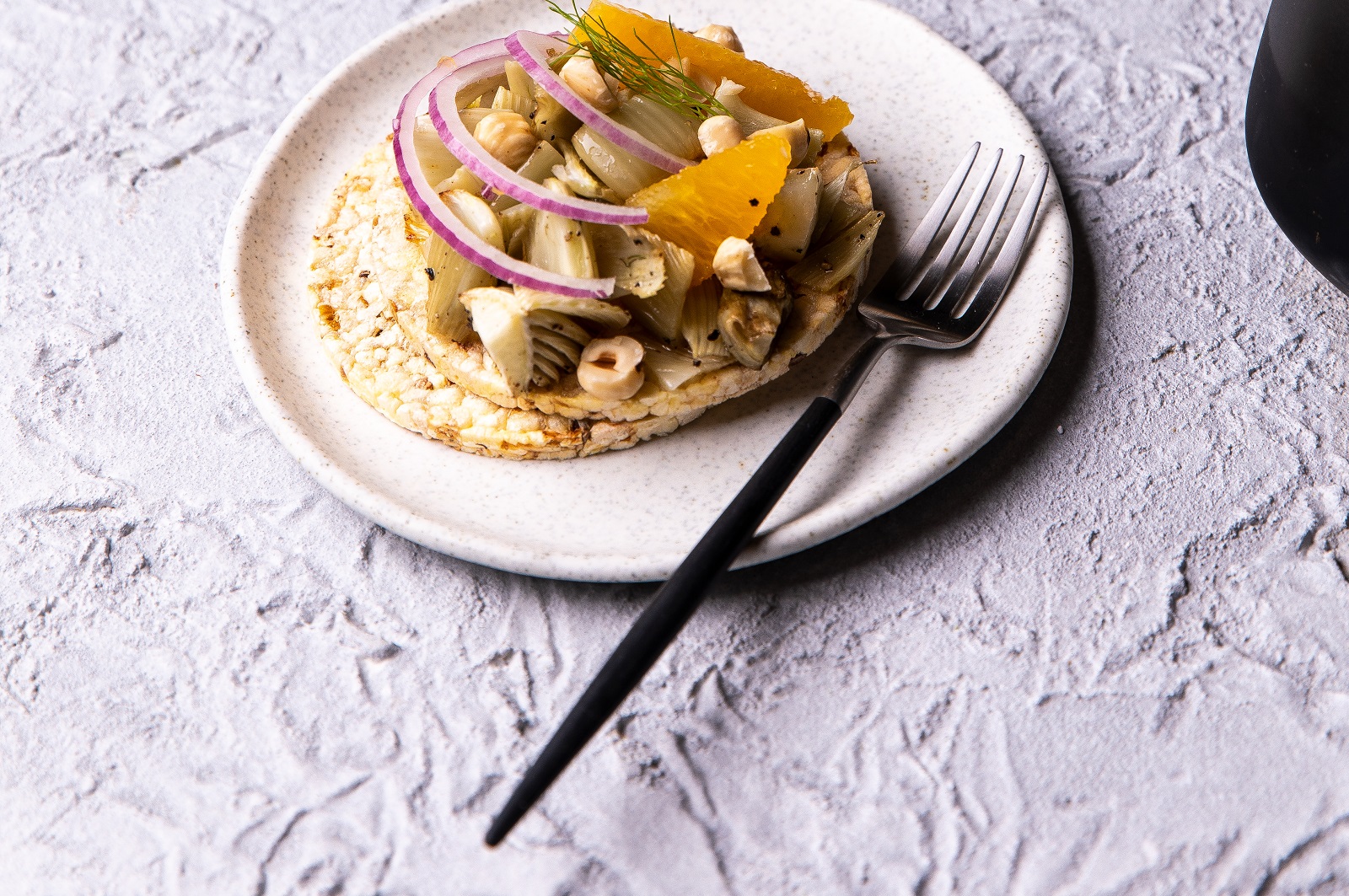 Roasted Fennel, Orange, Red Onion & Hazelnut on CORN THINS slices