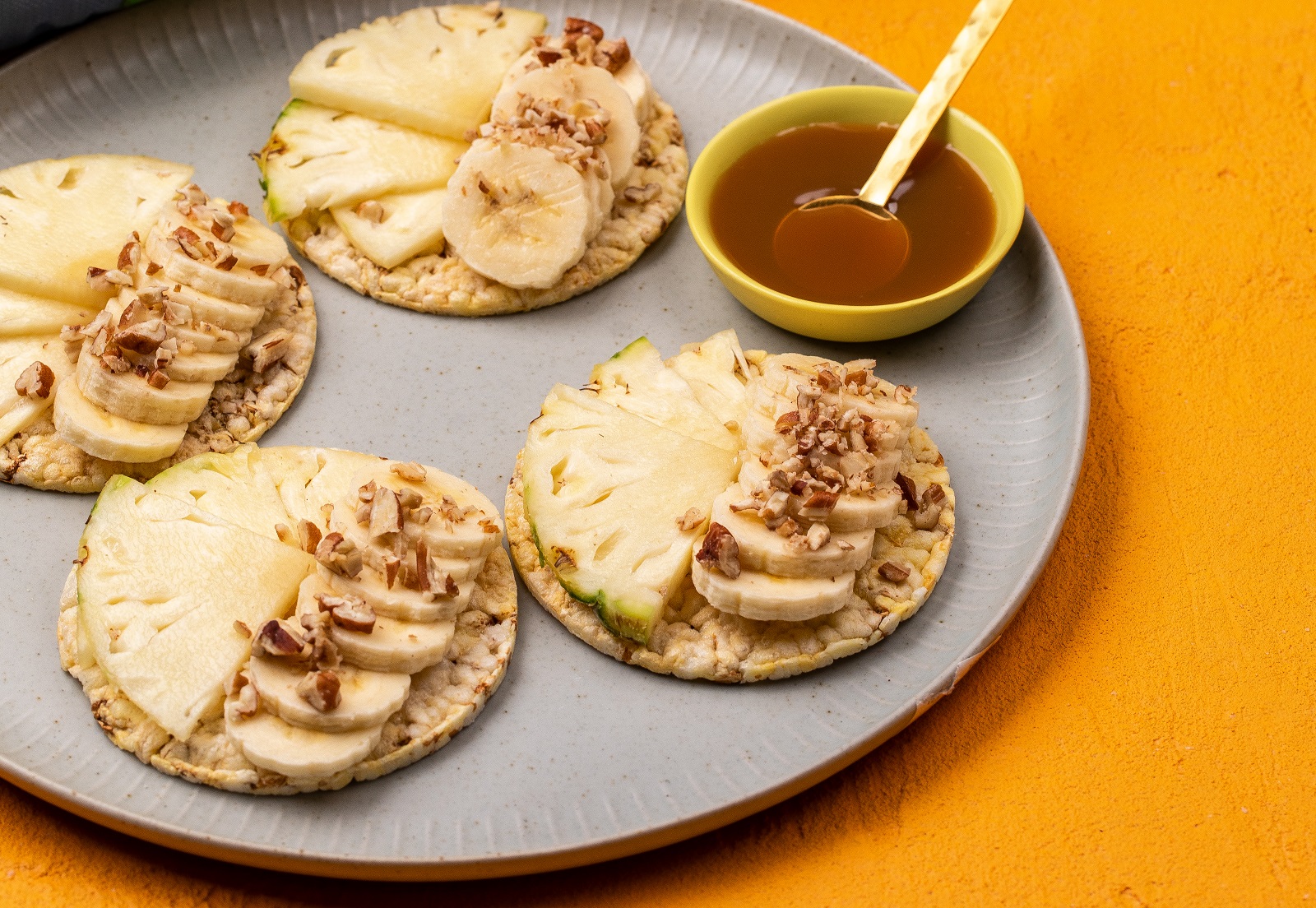 Pineapple, Banana & Pecans with a Caramel Drizzle on CORN THINS slices fro breakfast or a snack (vegetarian)