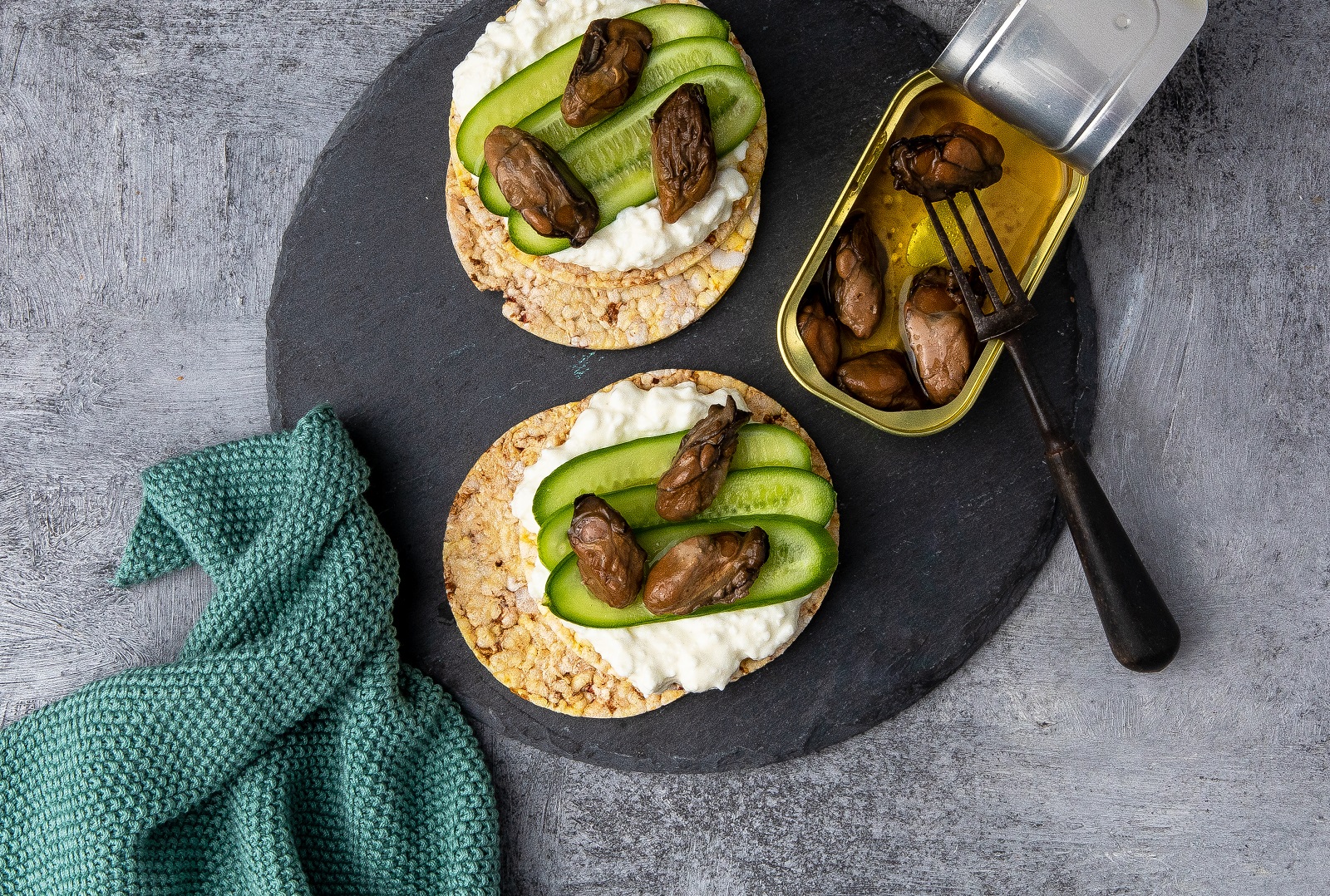 Cream Cheese, Cucumber & Smoked Oysters on CORN THINS slices