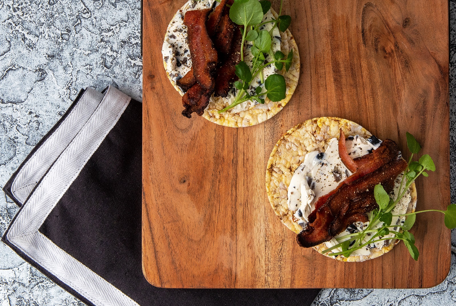 Cream Cheese, Black Olives, Watercress & Bacon on CORN THINS slices for dinner