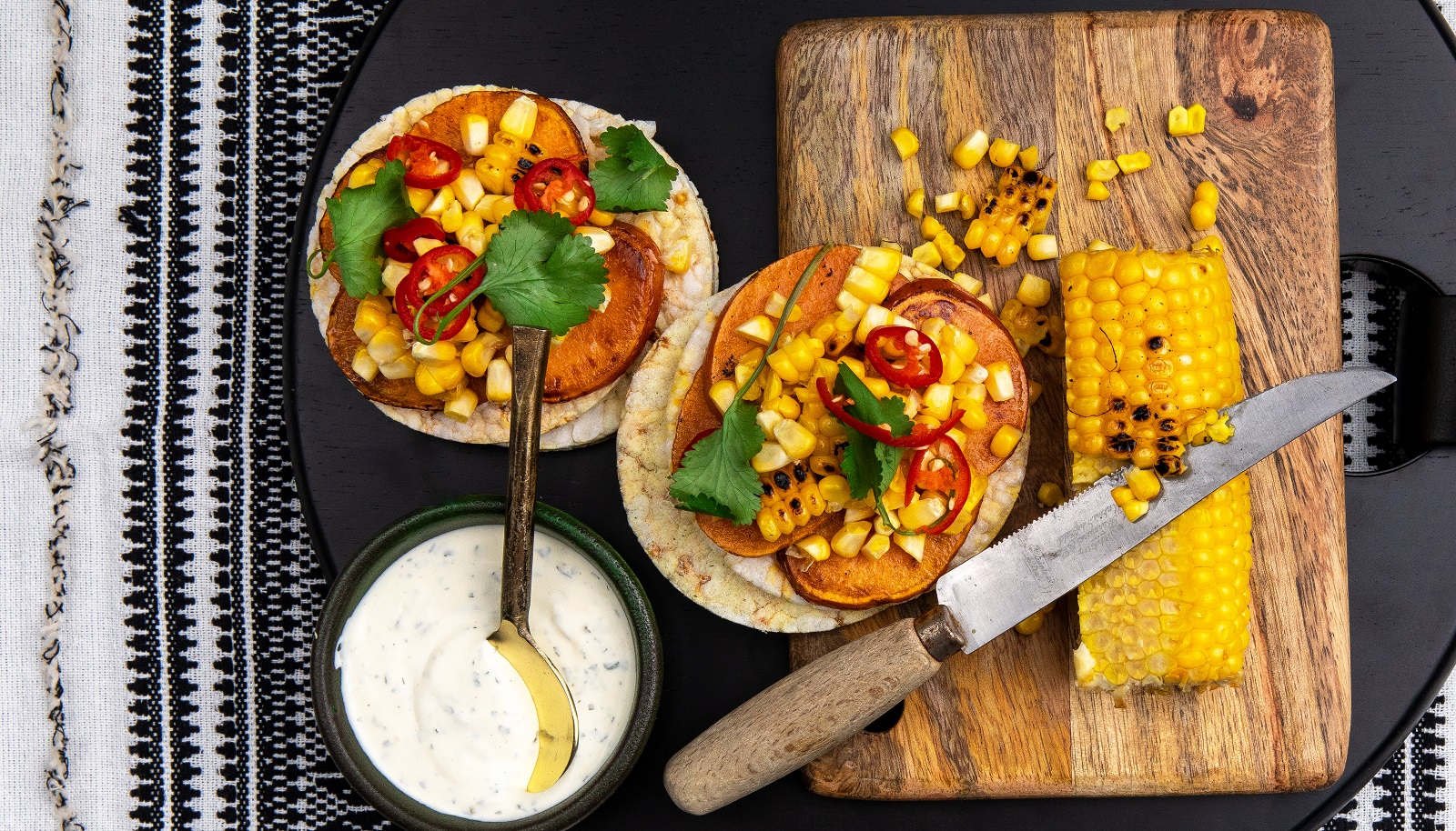 Grilled sweet potato, corn, coriander & ranch dressing on Corn Thins slices