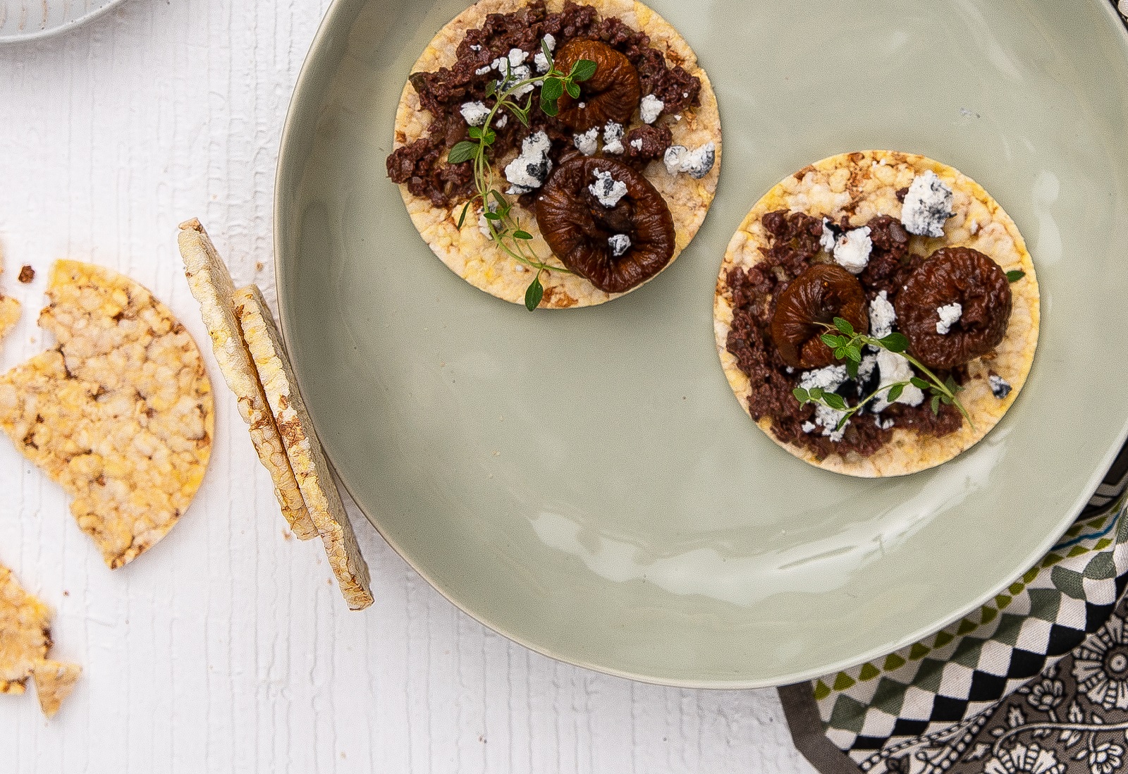 Olives Tapenade, Figs & Goat's Cheese on Corn Thins slices. delicious vegetarian snack