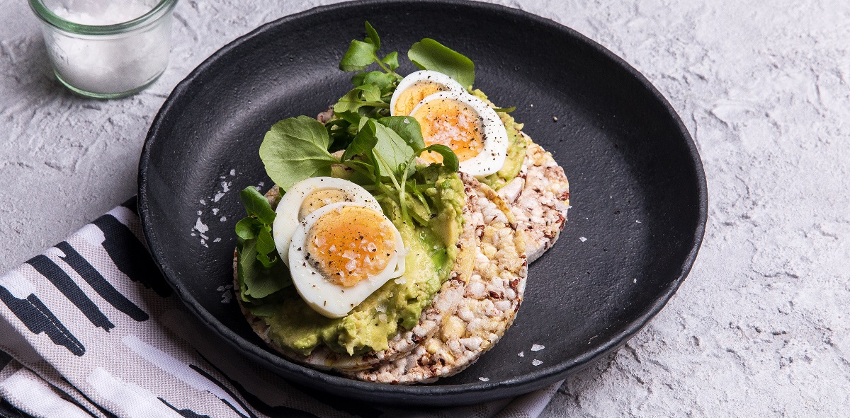 Avocado, Boiled Egg & Watercress on Ancient Grain or Corn Thins slices for a low GI snack or breakfast