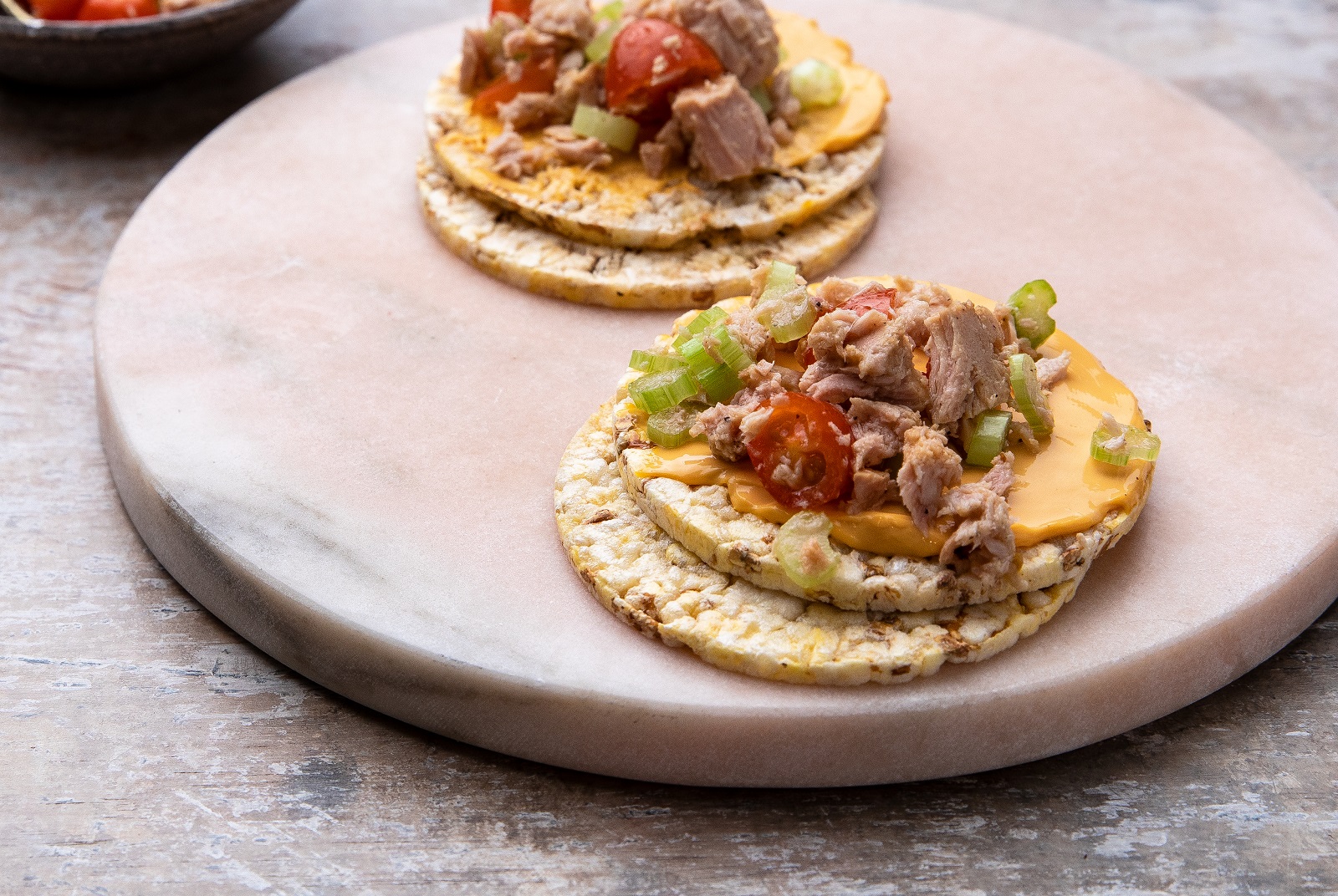 Cheese Spread, Celery, Cheery Tomatoes & Tuna on Corn Thins slices