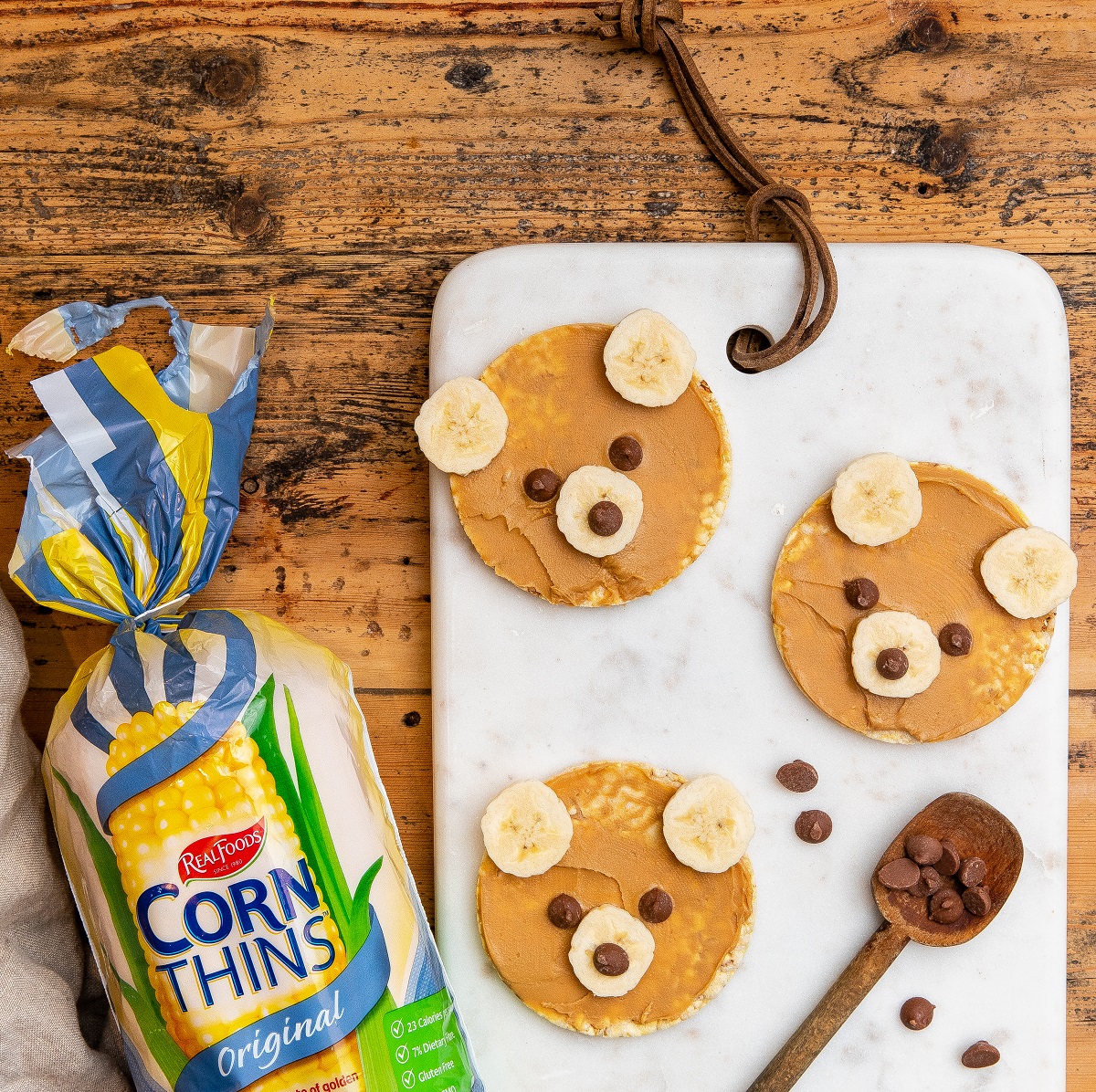 Peanut butter & banana Teddy Bears using CORN THINS slices