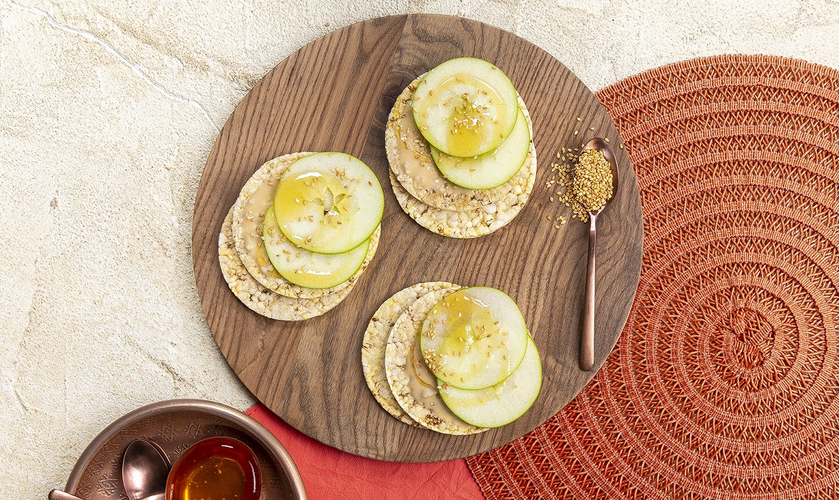 Tahini, Apple, Honey & Sesame seeds on CORN THINS slices