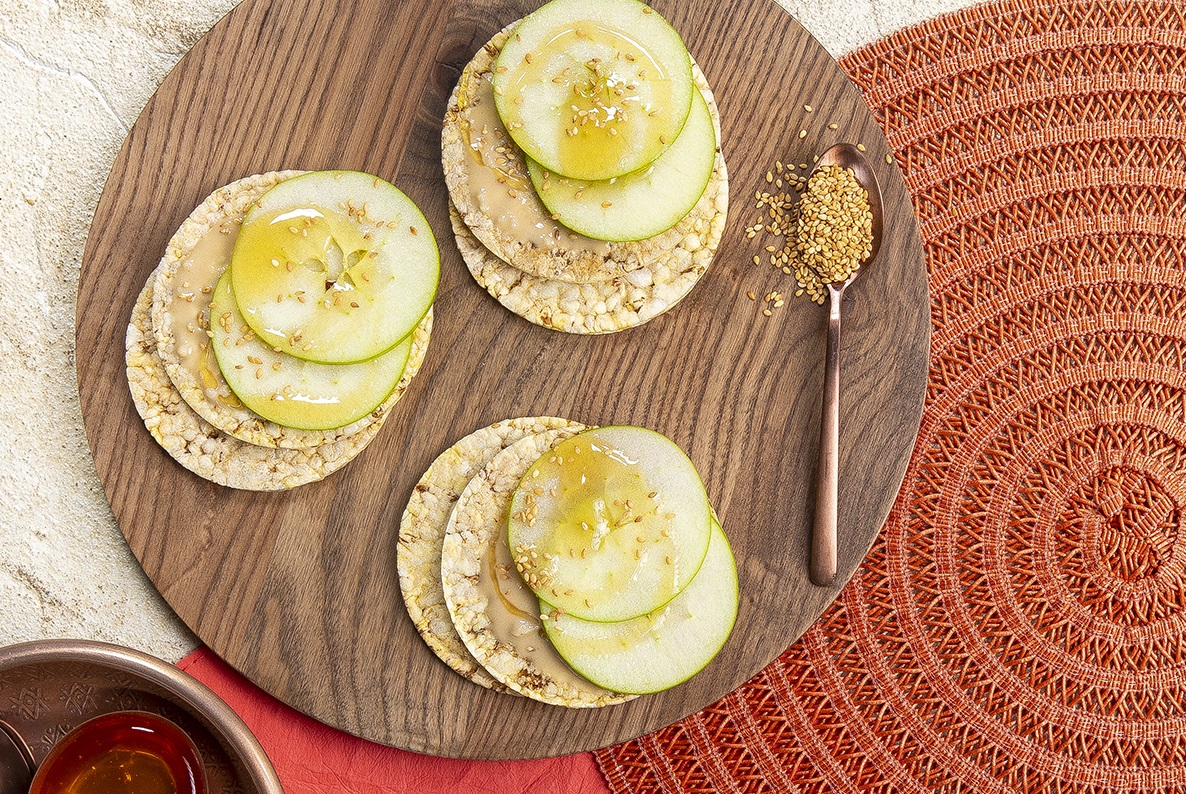Tahini, Apple, Honey & Sesame Seeds on CORN THINS slices