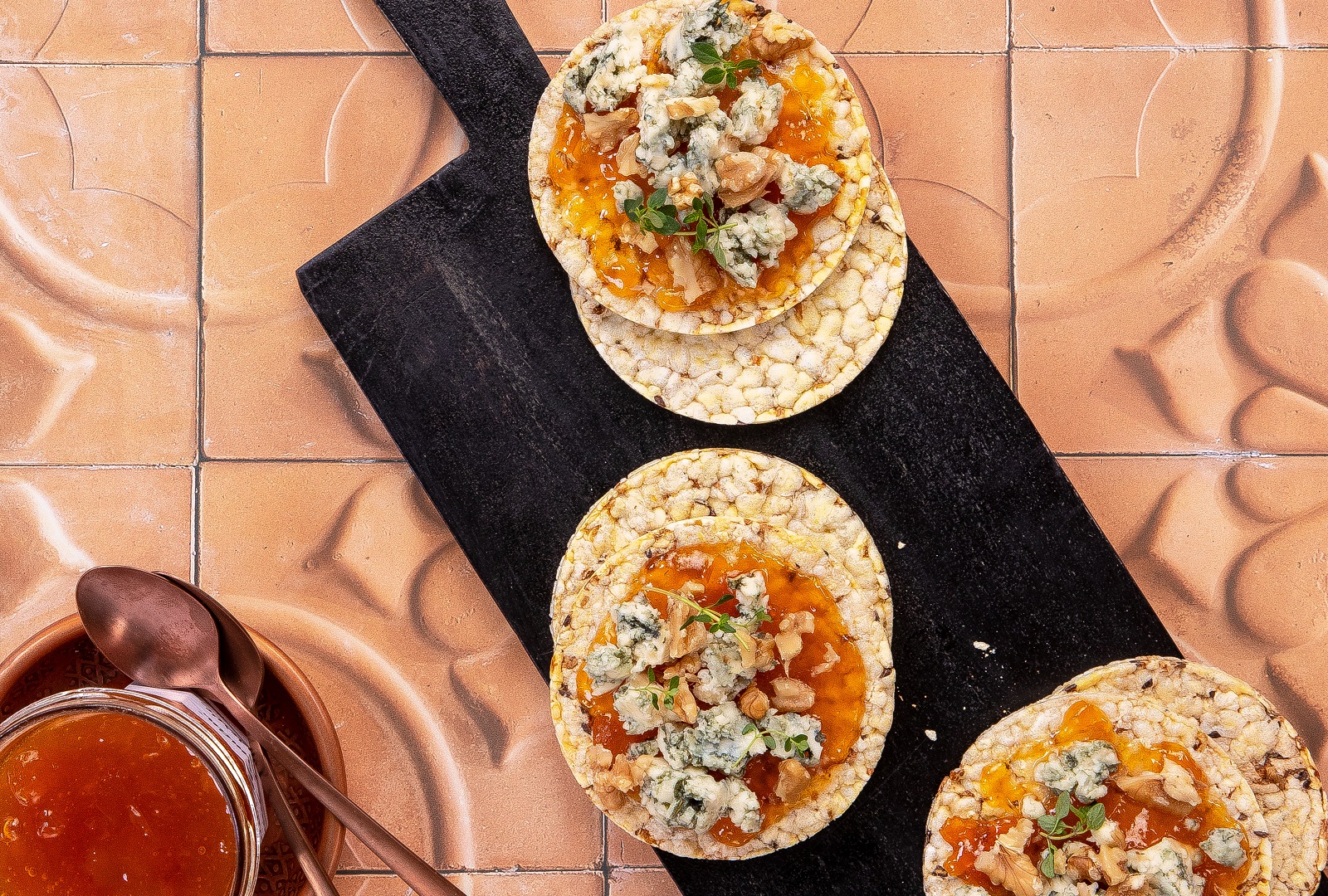 Apricot Conserve, Blue Cheese & Walnut on Corn Thins slices