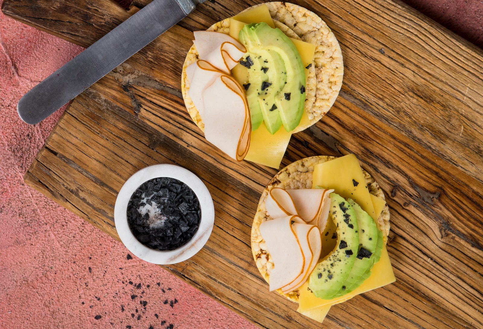 Shaved Chicken, cheese & avocado on Corn Thins slices