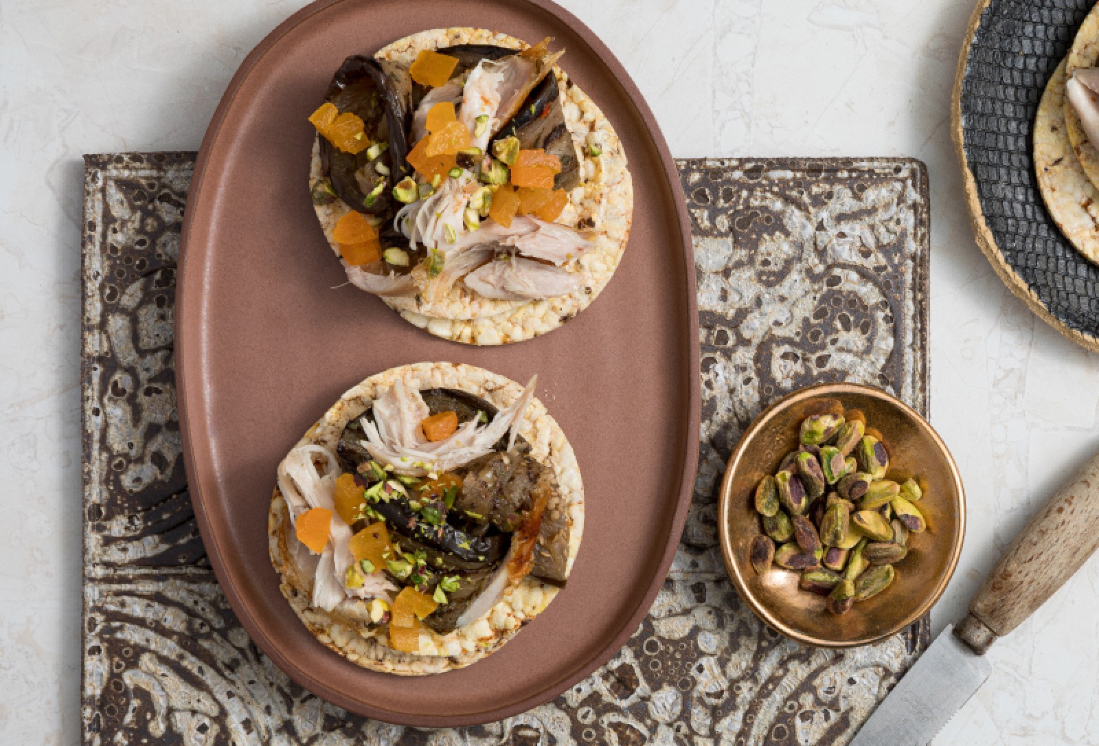 Chargrilled Eggplant, BBQ Chicken, Apricot & Pistachio on Corn Thins slices