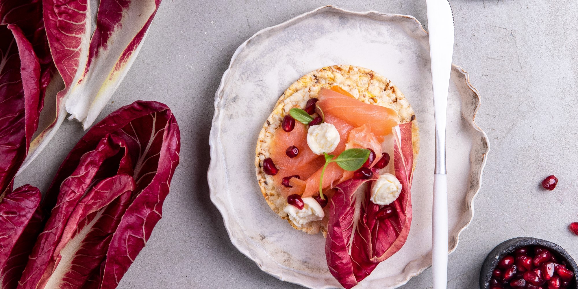 Smoked Salmon, Bocconcini, Basil, Pomegranate on Corn Thins slices