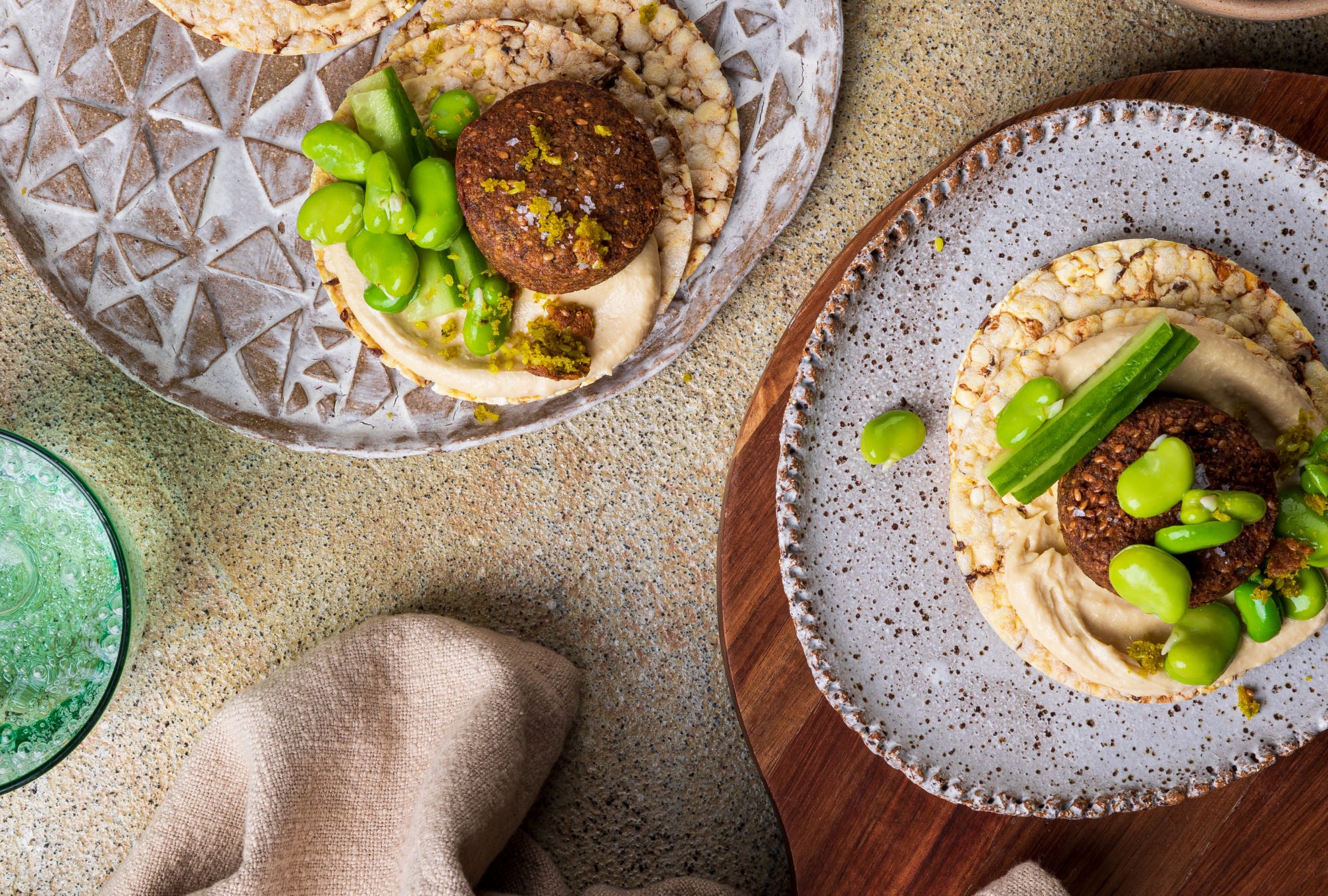 Hommus, Falafel, Cucumber & Green Broad Beans on Corn Thins slices