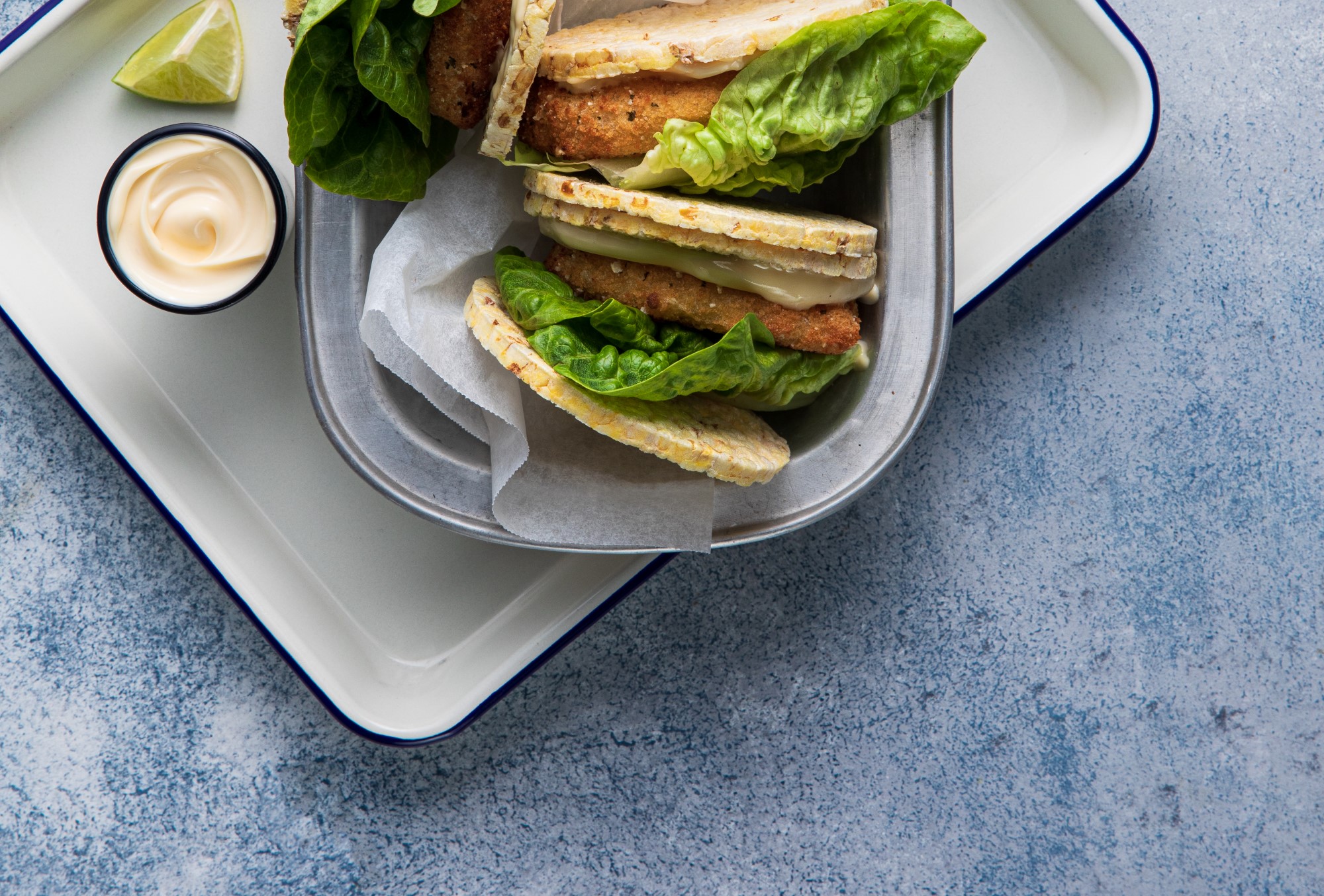Fish Cakes, Kewpie Mayo & Lettuce on Corn Thins slices