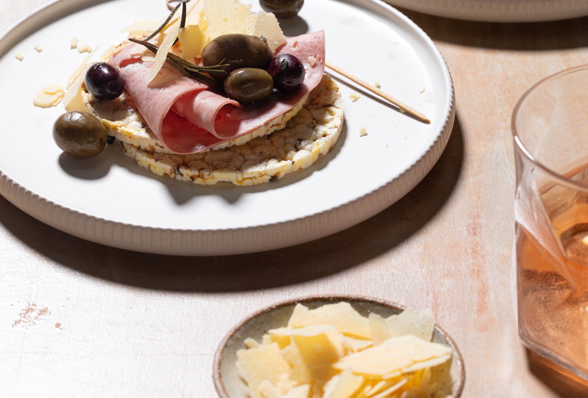 Mortadella, Olives & Parmesan on Corn Thins slices