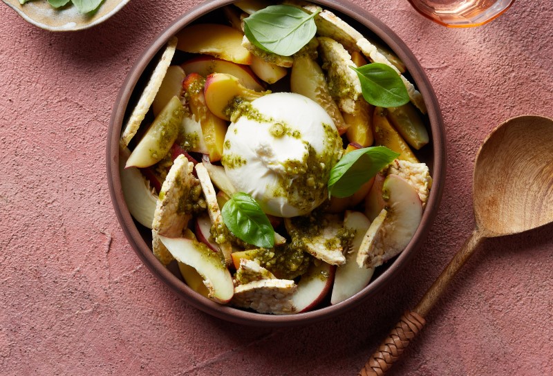 Stonefruit Salad with Pesto, Basil & Burrata with Corn Thins slices