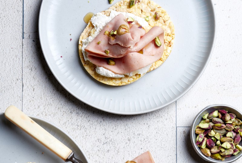 Ricotta, Mortadella, Honey & Pistachio on Corn Thins slices