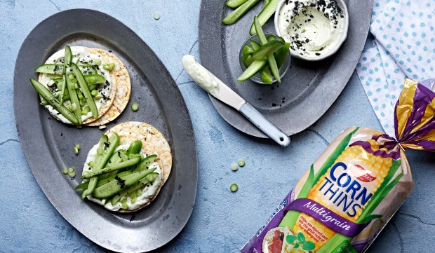 spring onion dip, cucumber & spring onions on Corn Thins slices
