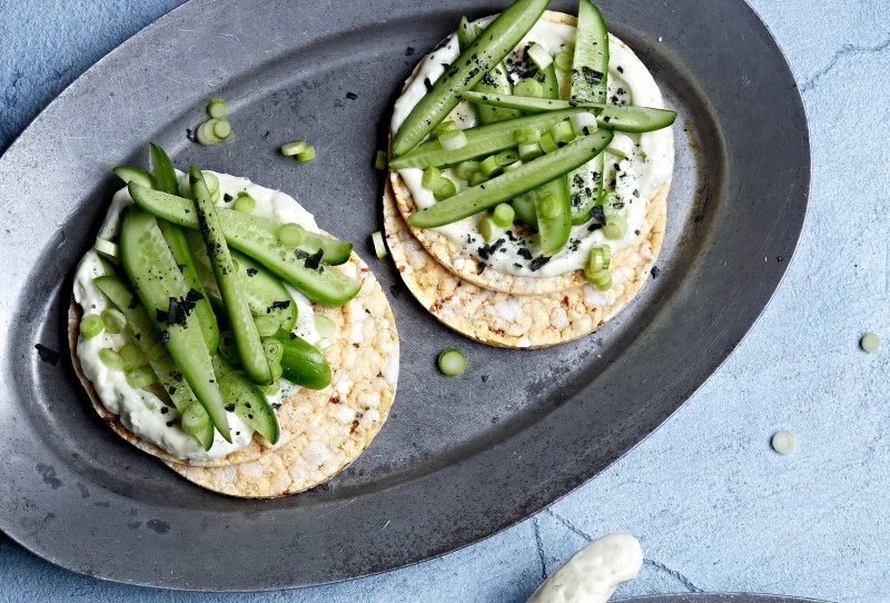 Spring Onion Dip, Cucumber & Spring Onions on Corn Thins slices