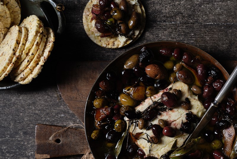 Baked Feta & Olives on CORN THINS slices