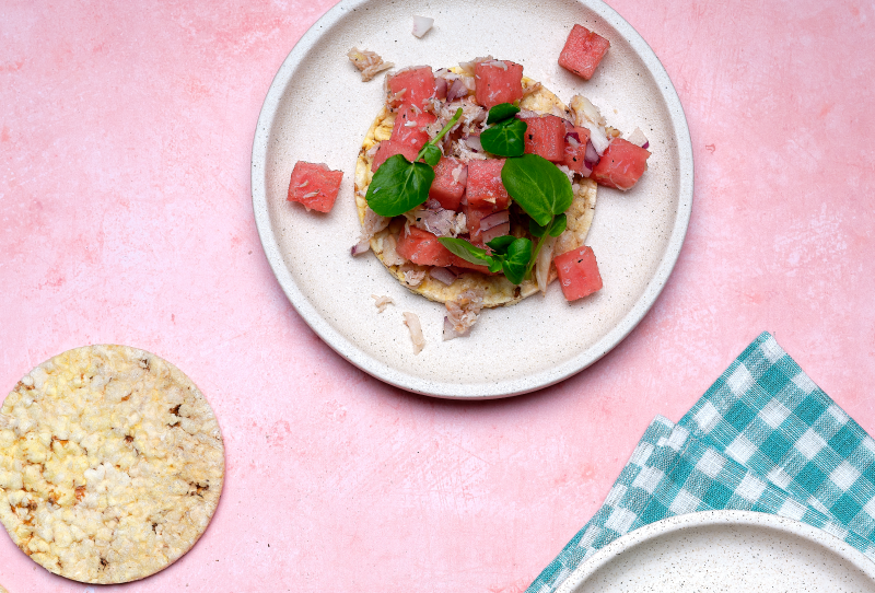 Watermelon & Crab Salad with Watercress & Red Onion on Corn Thins slices