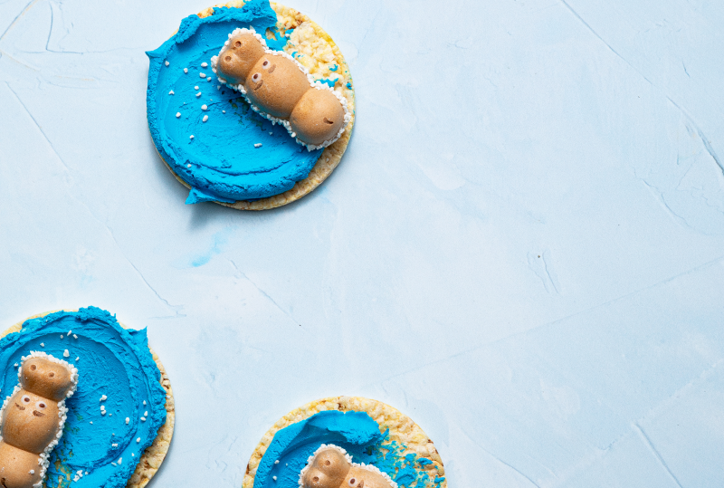 Blue cream cheese icing with Happy Hippos on Corn Thins slices