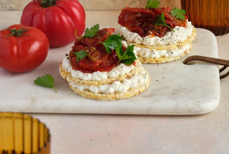 Cottage Cheese, Confit Tomato & Parsley on Corn Thins slices