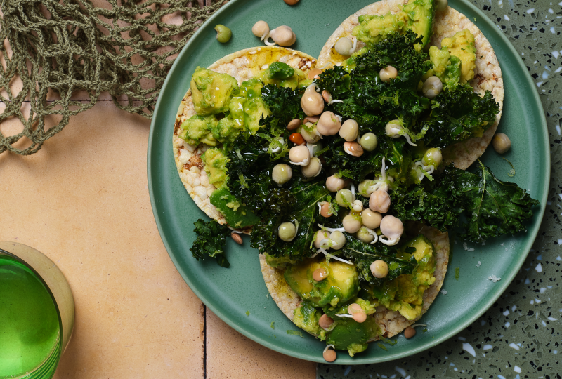 Smashed Avocado, Kale Chips, Sprouts & EVOO on Corn Thins slices
