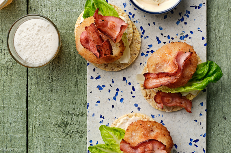 BLT With Panko Fried Heirloom Tomato on Corn Thins slices