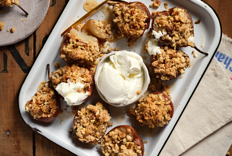 Roast Pears Crumble Using Corn Thins Slices 