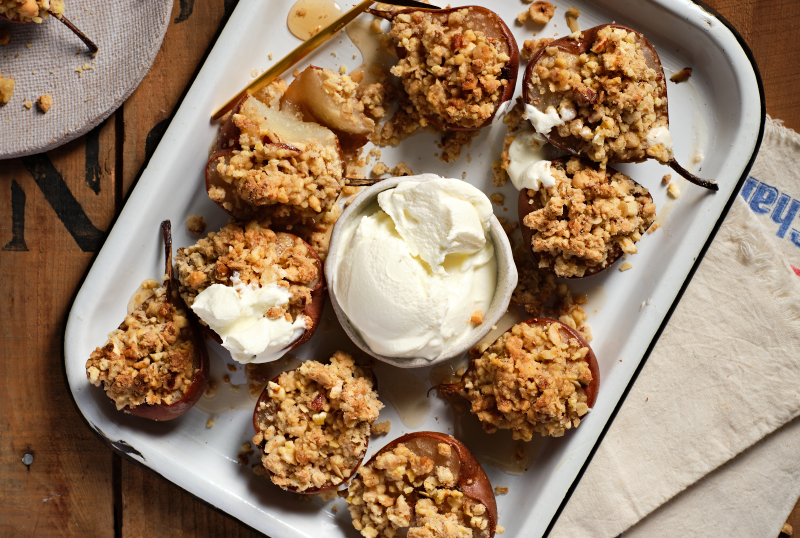 Roast Pears Crumble Using Corn Thins Slices