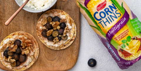 Cottage cheese, blueberries, walnuts & cinnamon on Corn Thins slices