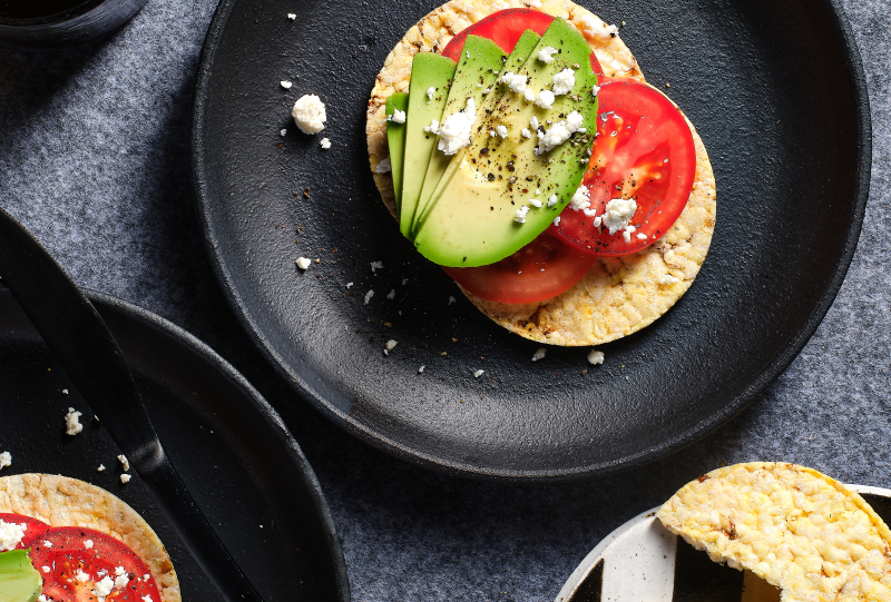 Tomato, Avocado & Greek Feta on Corn Thins slice