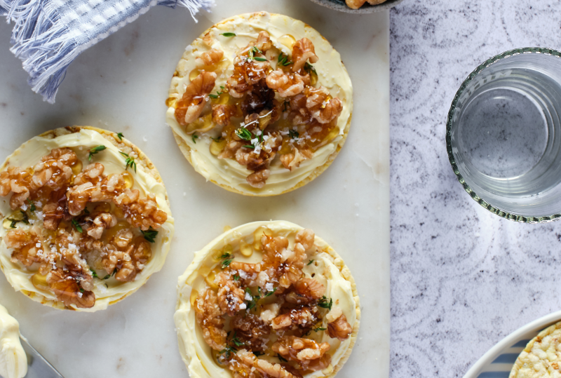 Whipped Brie Butter, Walnuts, Honey & Thyme on Corn Thins slices