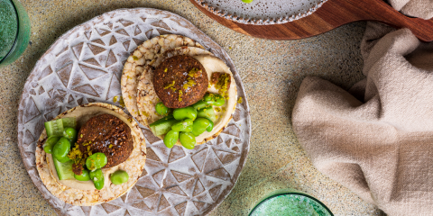 Hommus, falafel, cucumber, broad beans on Corn Thins slices