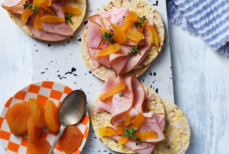 Shaved Honey Ham (or Turkey), Dried Apricot & Thyme on Corn Thins slices