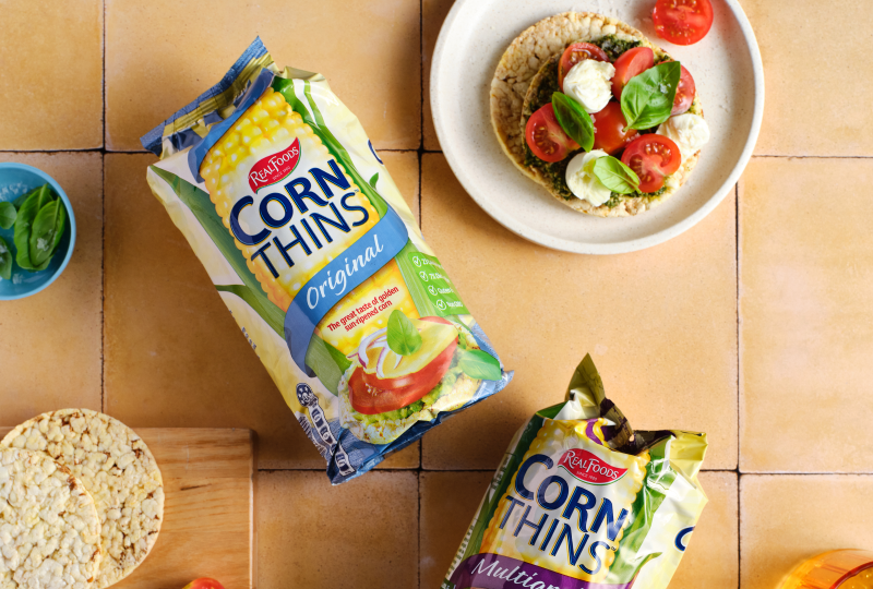 pesto, cherry tomato, bocconcini, basil on Corn Thins slices