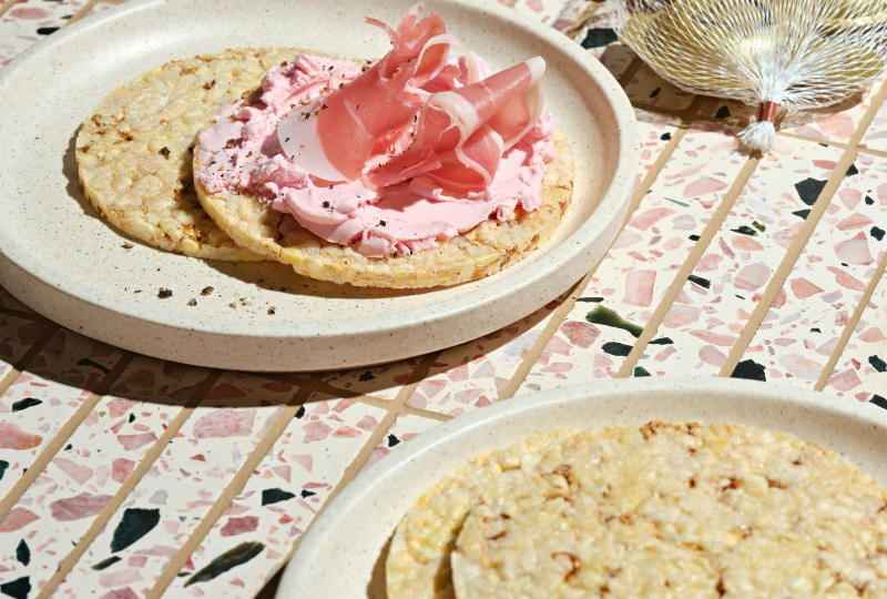 Strawberry Cream Cheese & Prosciutto on Corn Thins slices