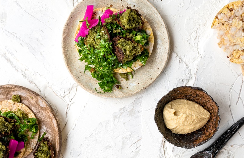 Falafel, pickles, tabouli & hummus on CORN THINS slices