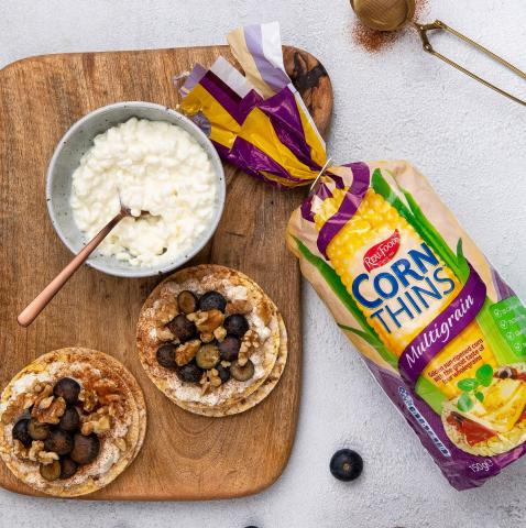 Cottage Cheese, Blueberries, Walnut & Cinnamon on Corn Thins slices