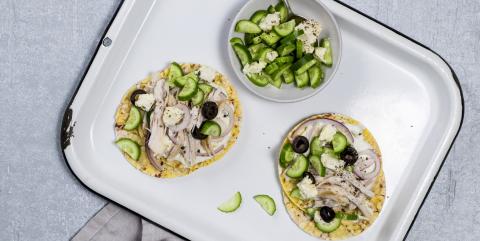 BBQ Chicken, tsatziki, red onion, olives & feta on Corn Thins slices