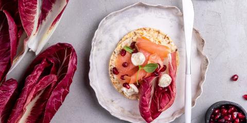 Smoked Salmon, Bocconcini, Basil, Pomegranate on Corn Thins slices