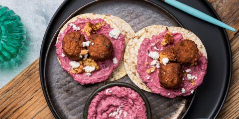 Beetroot Hommus, Veggie Bites & Feta on Corn Thins slices