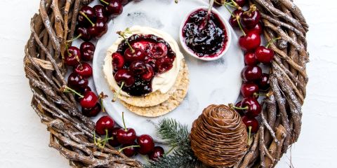 Mascarpone, berry jam & cherries on Corn Thins slices