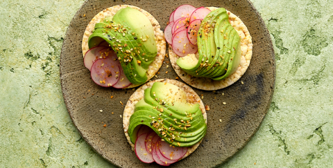 Avocado, radish, EVOO & Dukkah on Corn Thins slices